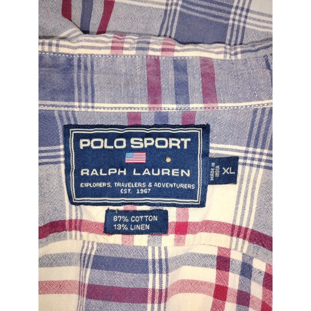 Polo Sport Ralph Lauren Button Up Shirt Cotton Linen Plaid Mens XL - Picture 2 of 7